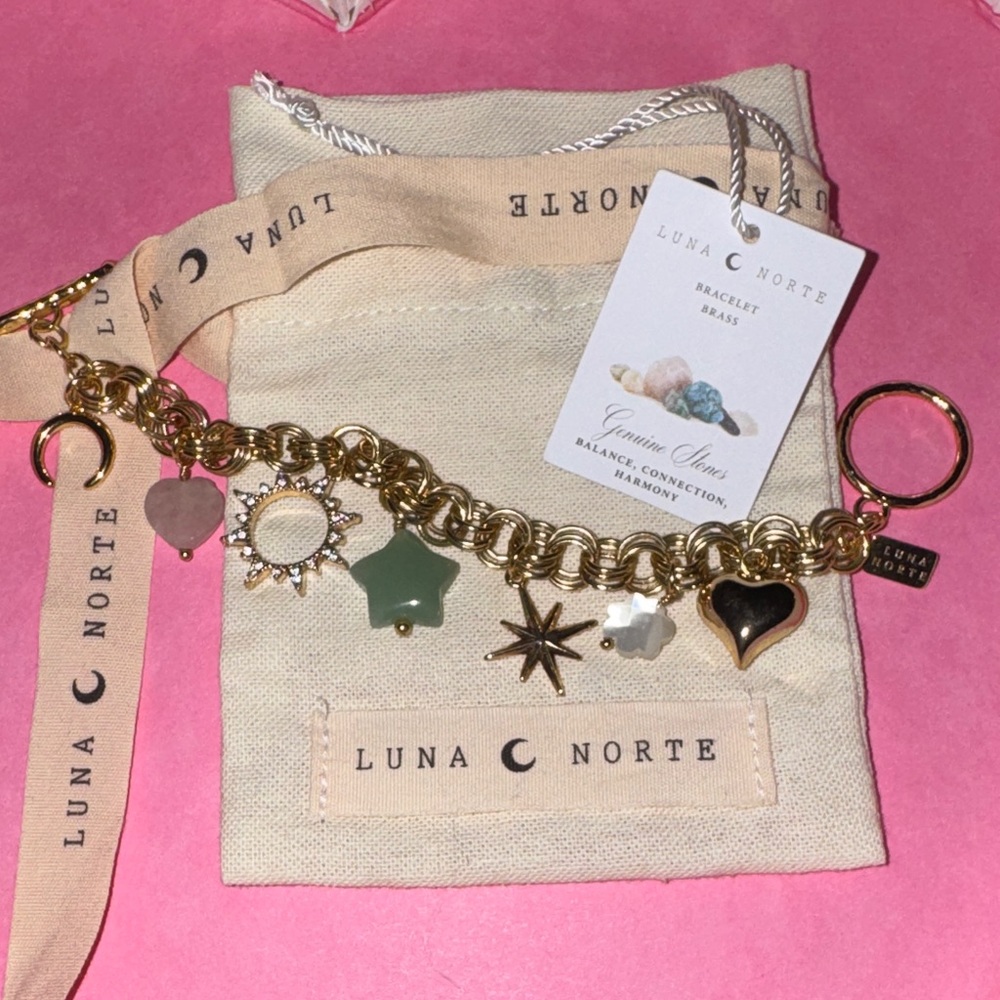 Luna Norte Gold Charm Bracelet Brass & Genuine Stones Balance Connection Harmony